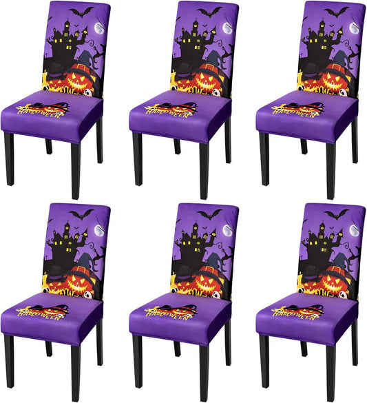 JQinHome Purple Halloween Chair Slipcover, Castle Chair Covers Set of 6, High Stretch Washable Chair Protector Cover for Dining Room, Kitchen,Home Party,Wedding Ceremony(Purple,6PC)