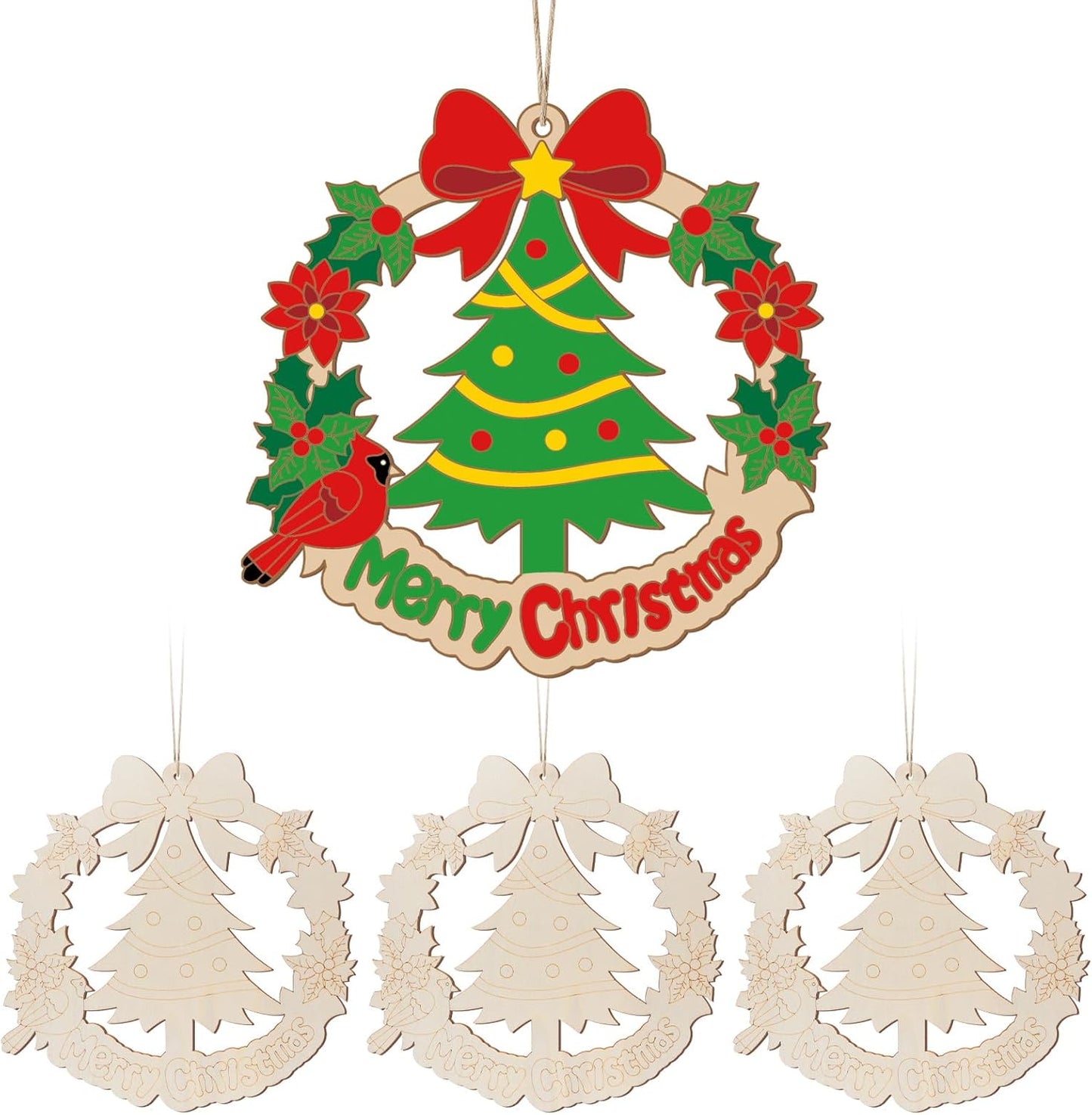 Paintable Christmas Ornaments 3 Sets, Wooden Ornaments to Paint, Unifished Christmas Tree Wreaths Wood Crafts for Painting, Wood Cutouts DIY Xmas Ornament for Front Door Decor (Bird