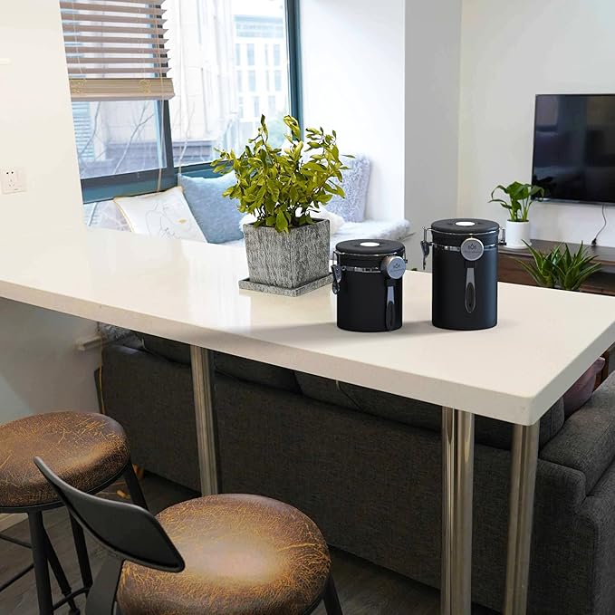 Coffee canister for ground coffee with Scoop Date Tracker One Way Co2 Valve 304 Stainless Steel Kitchen Food Airtight storage container for Coffee Beans,Grounds,Tea,Sugar (Black, 16oz)