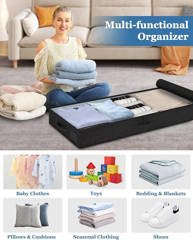 Cirhy Under Bed Storage Containers, 4.5 Inch Tall Low Profile Under Bed Storage with Sturdy Sidewalls & Bottom, UnderBed Storage for Clothes,Shoes, Pillow, Blankets Organizer, 2 Pack Black