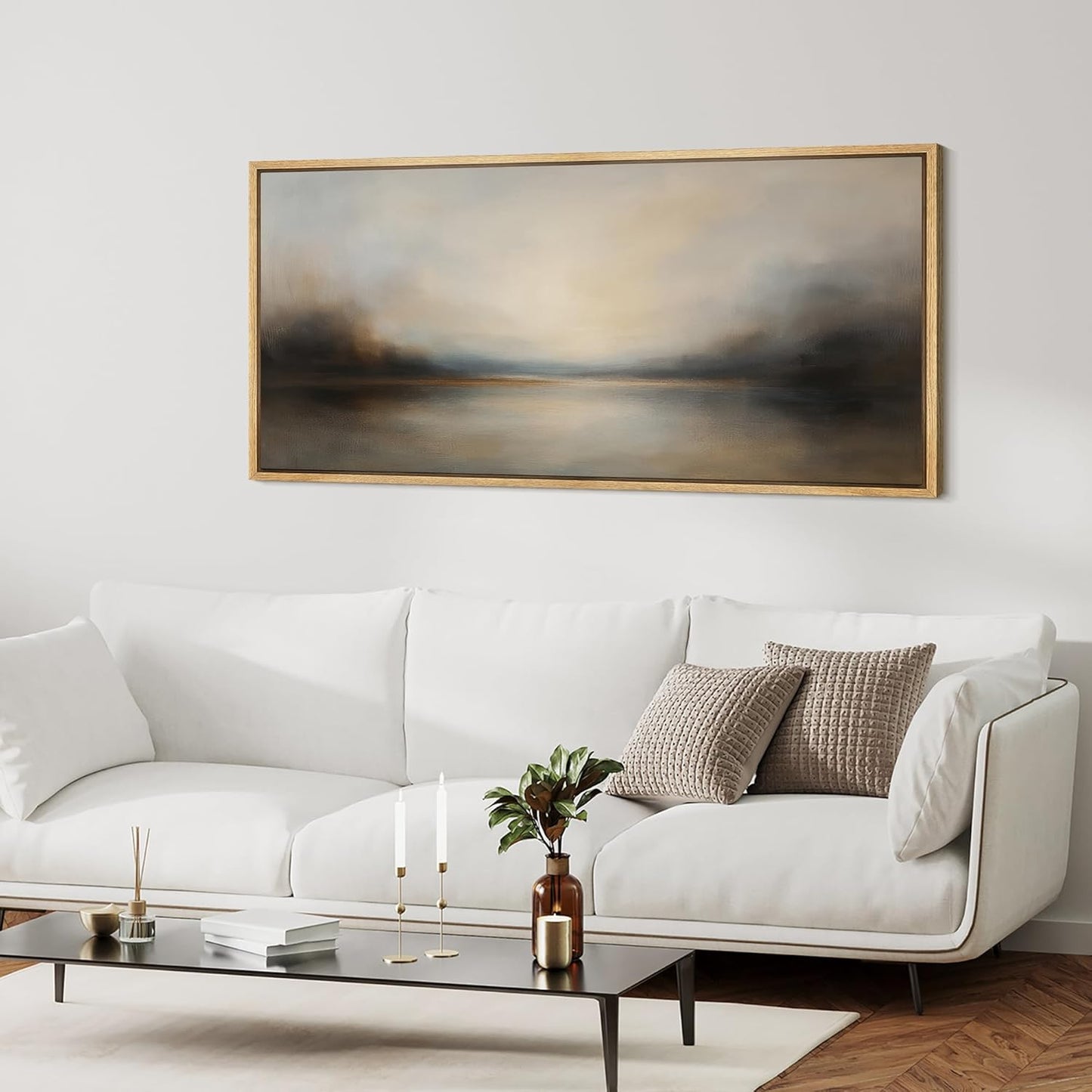 MUDECOR Extra Larg Framed Canvas Print Wall Art Abstract Landscape Neutral Tones Misty Horizon Illustrations Decorative Colorful for Bedroom - 60"x30"