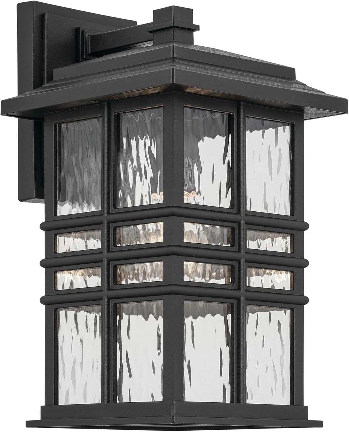 KICHLER Beacon Square 14.25" 1-Light Outdoor Wall Light with Clear Hammered Glass in Textured Black, for Exterior Doors, Garage, Porch, or Patio (14.25" x 8"), 49830BKT