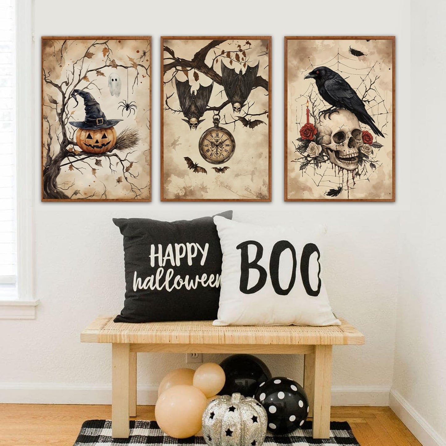 HLNIUC Vintage Halloween Decor Framed Gothic Skull Wall Art Set of 3(16”x24”) Floral Raven Crow Wall Decor,Horror Pumpkin Dark Academia Canvas Painting bats prints for Living Room Bedroom Goth Party