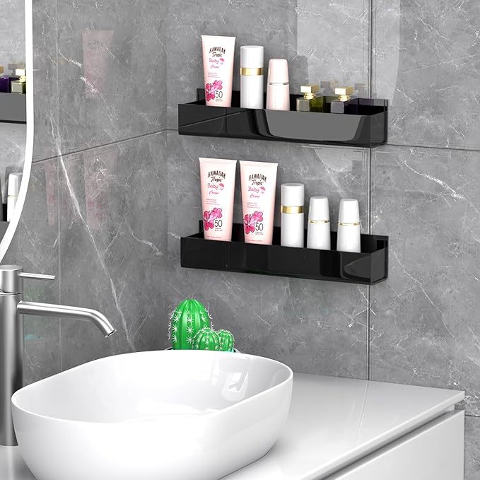 PMMASTO Adhesive Acrylic Spice Rack Organizer for Wall with Nano Double Sided Tape, Spice Shelf Organization for Kitchen Cabinet Door/Pantry Door, Wall Mount Seasoning Rack (Black-2 Pack)