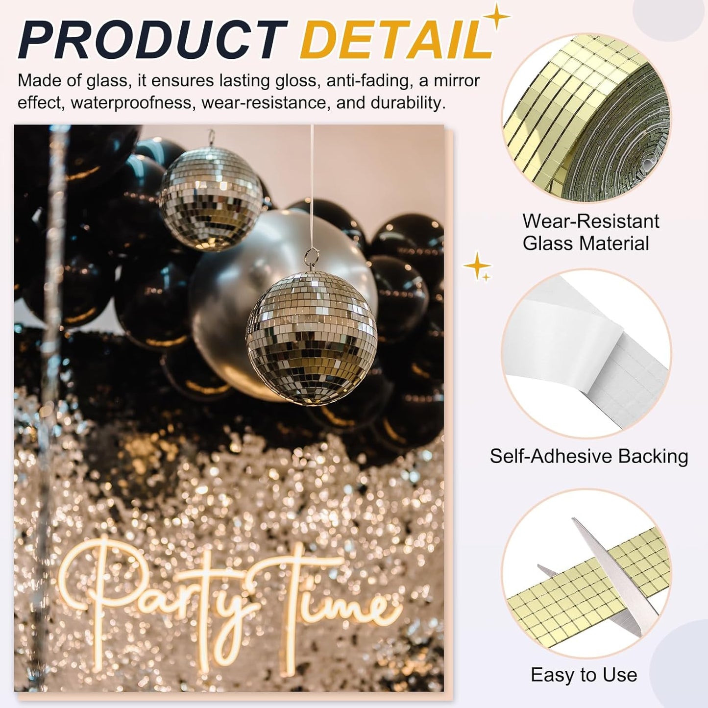 PATIKIL 5x5mm Self Adhesive Mirrors Mosaic Tiles, 3600 Pcs Square Mini Glass Mosaic Disco Tile Sticker for DIY Craft Disco Ball Party Decoration, Gold Tone