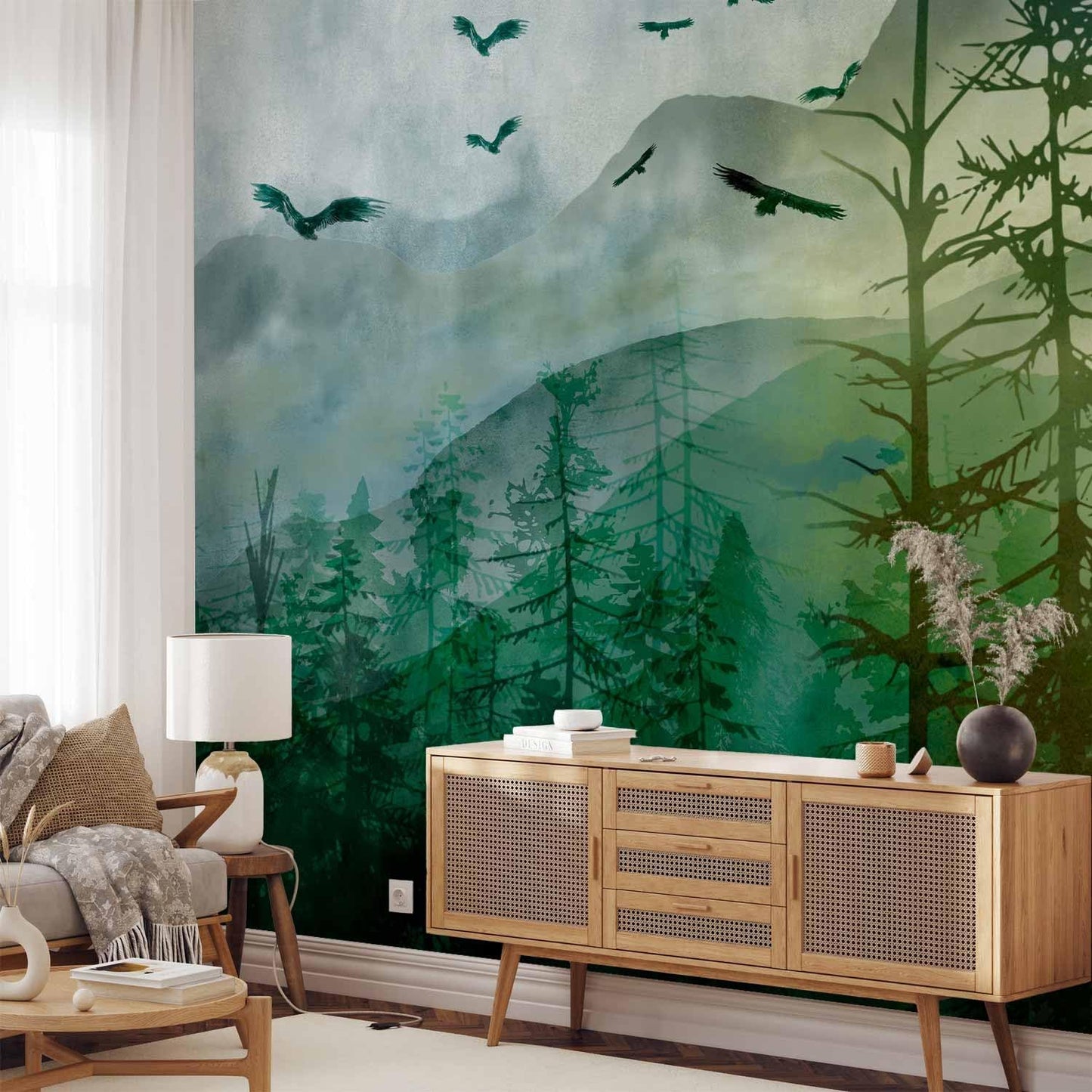 artgeist Premium Wall Mural Natura 216x98 in - Non-Woven Photo Wallpaper Art Print Fleece Wall Mural Decoration Mountains Forest Birds Clouds c-A-10017-a-b