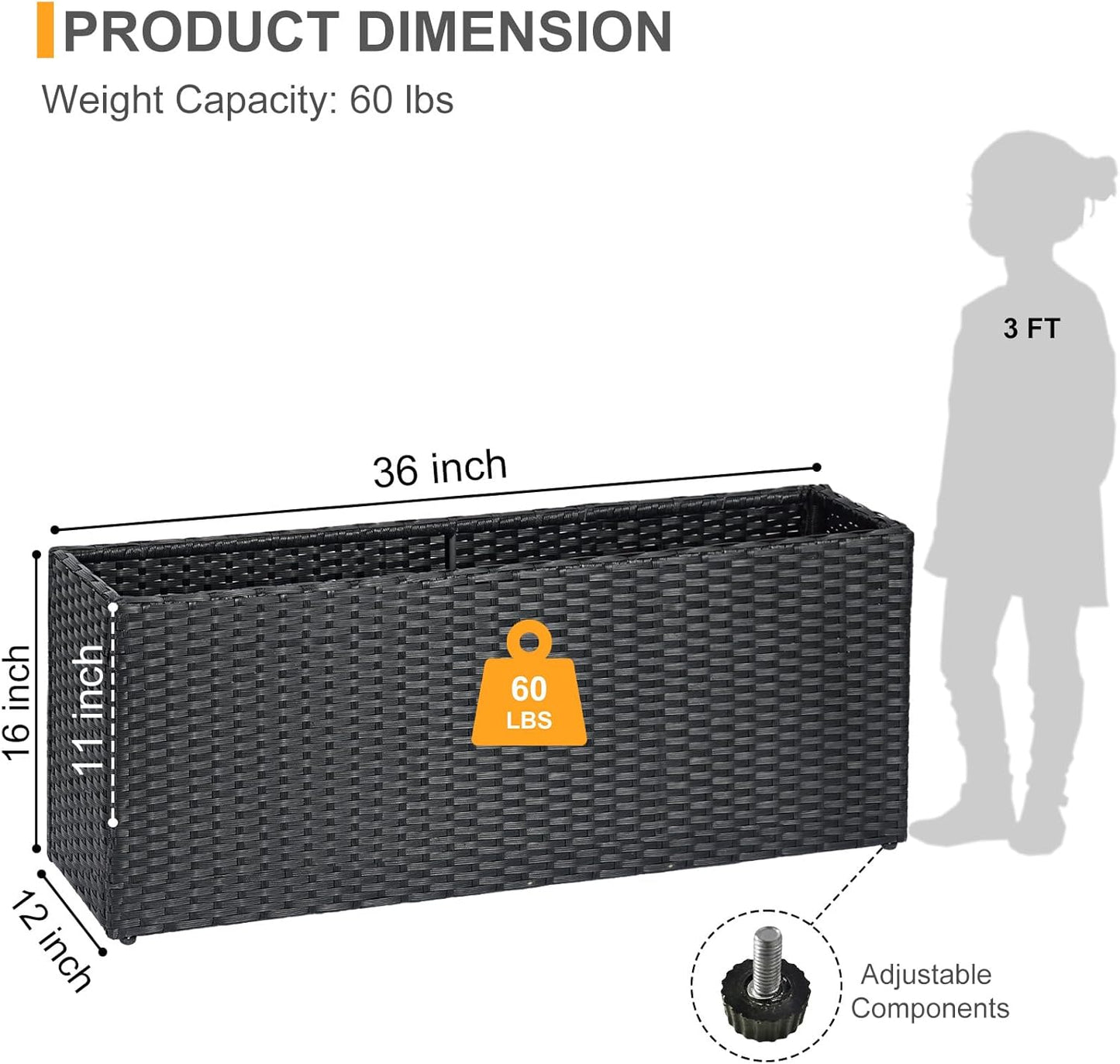 SUNNYPARK Set of 2 Large Rectangular Planter with Removable Liner, All-Weather PE Rattan Modern Planters Indoor Outdoor Flower Plant Pots Garden Box Patio Yard Front Porch Deck