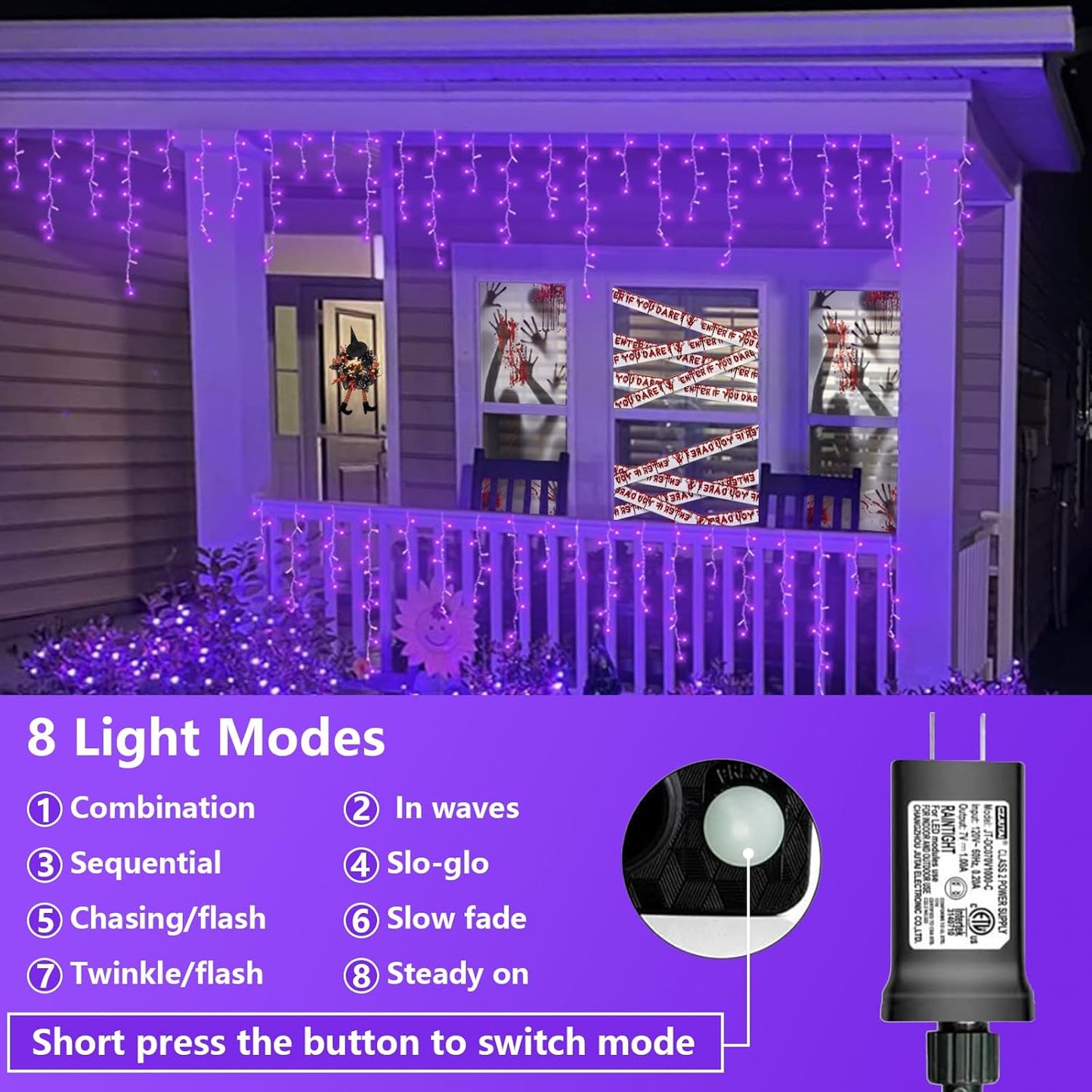 QITONG Purple Halloween Lights, 66ft 800 LED Icicle Light for Outside Indoor Plug in, 8 Modes Clear Wire Connectable Christmas Lights with 160 Drops