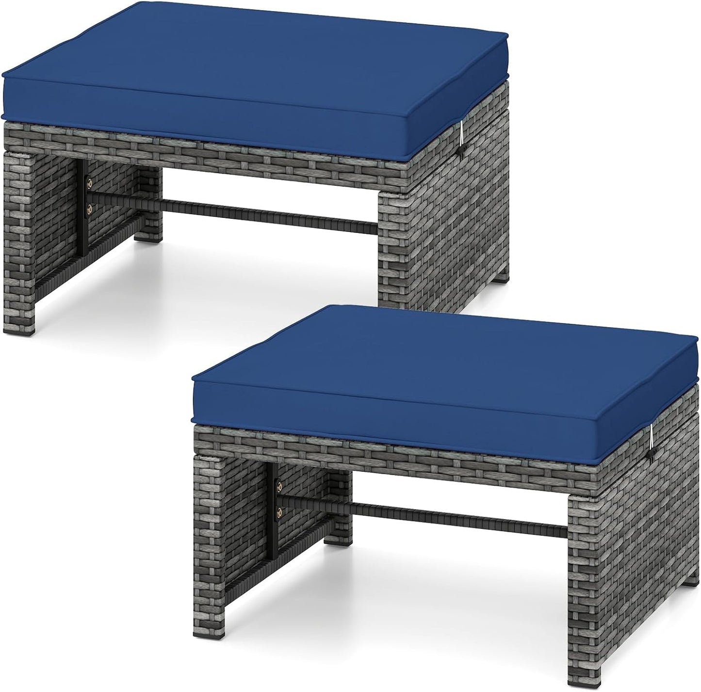 Tangkula 2 Pieces Patio PE Rattan Ottomans, Multipurpose Outdoor Footstool Footrest Additional Seating Side Table with Soft Zippered Cushions for Deck, Garden, and Yard (Navy Blue)