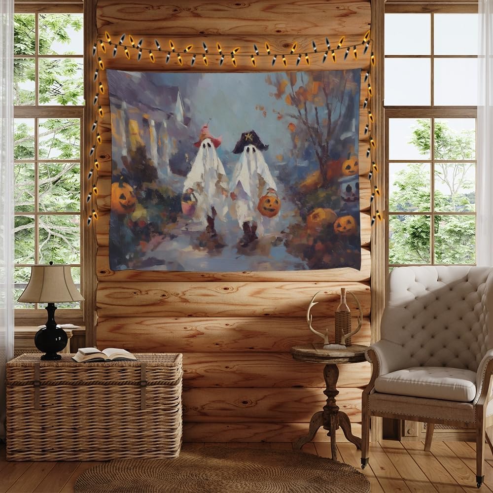 Funny Halloween Ghost Tapestry Wall Hanging Cute Kids Nursery Room Decor Trick or Treat Art Print Goth Fall Pumpkin Ghost Tapestries for Living Room Bedroom wall Decor 70x90inch