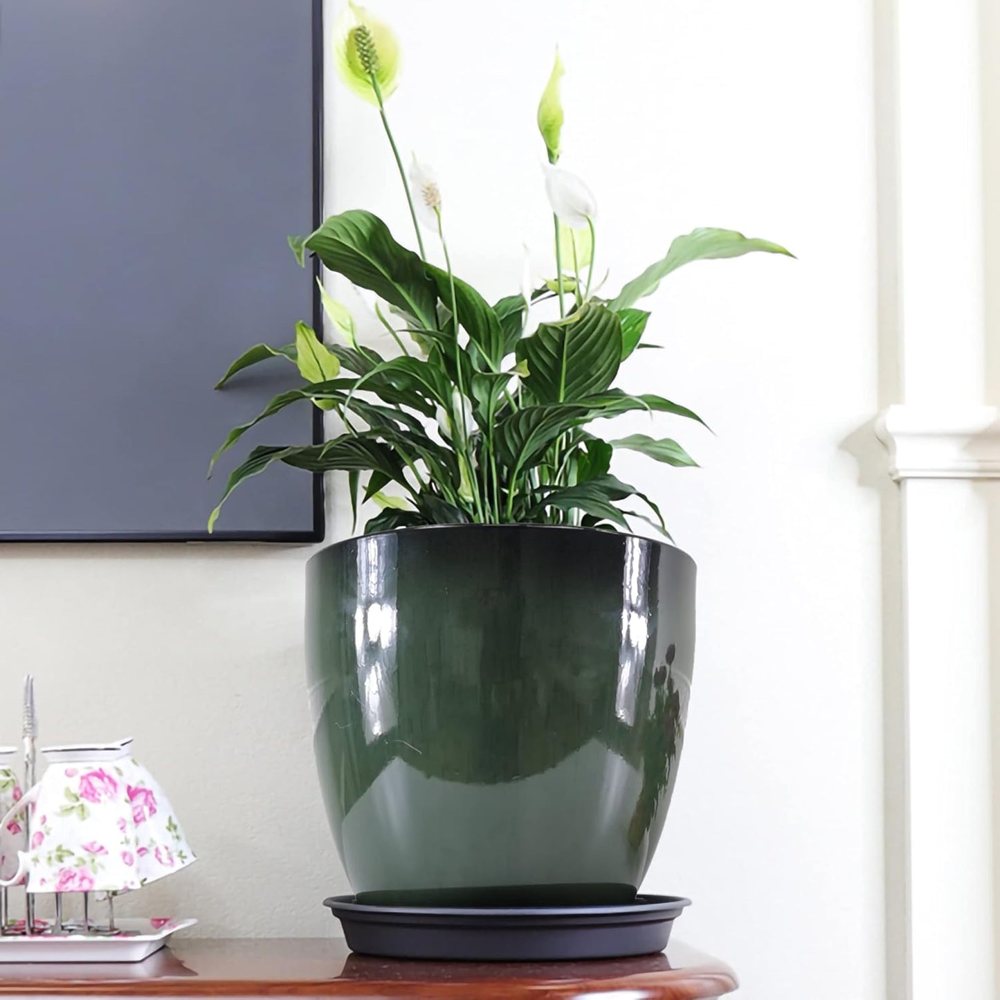 FixtureDisplays® Garden Green Plastic Round 11.8 Inches Diameter 11.8 Inches Tall Planter Resin Glazed Faux Ceramic Flower Pots Drainage Hole with Saucer Decorative Pot 15675-NF