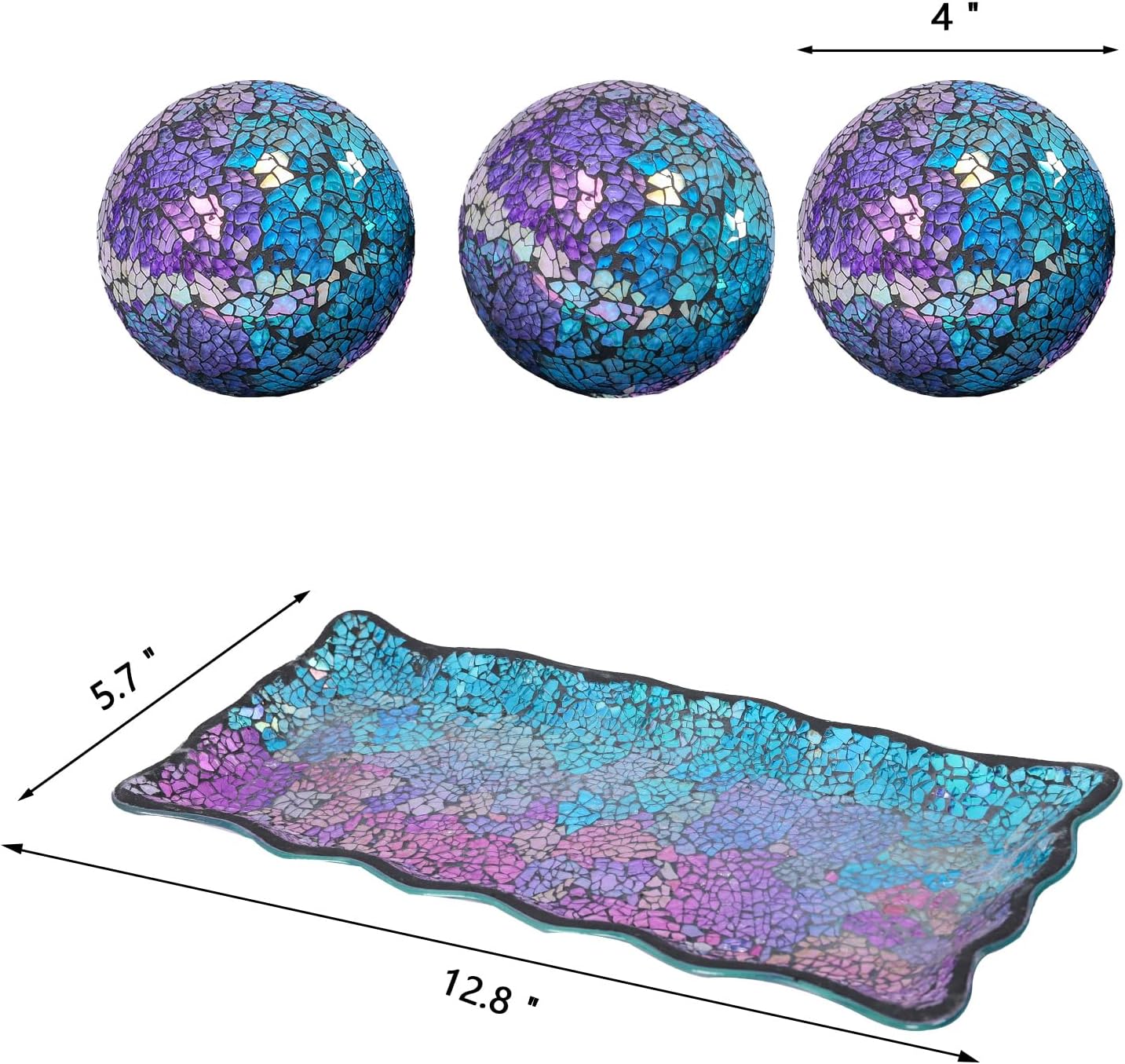 VCUTEKA Decorative Balls and Glass Bowl, 4 Inch Mosaic Sphere Balls Centerpiece Balls for Coffee Table, Home Decor, Wedding Party Decor, Purple