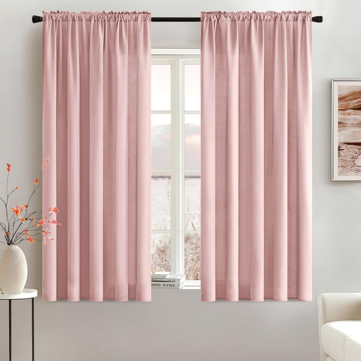 MIULEE Baby Pink Privacy Sheer Curtains That Let Light in 63 Inches Long Non-See-Through Semi Sheer Curtain Light Filtering Window Curtains Drapes for Living Room Bedroom 2 Panels Set 42 X 63