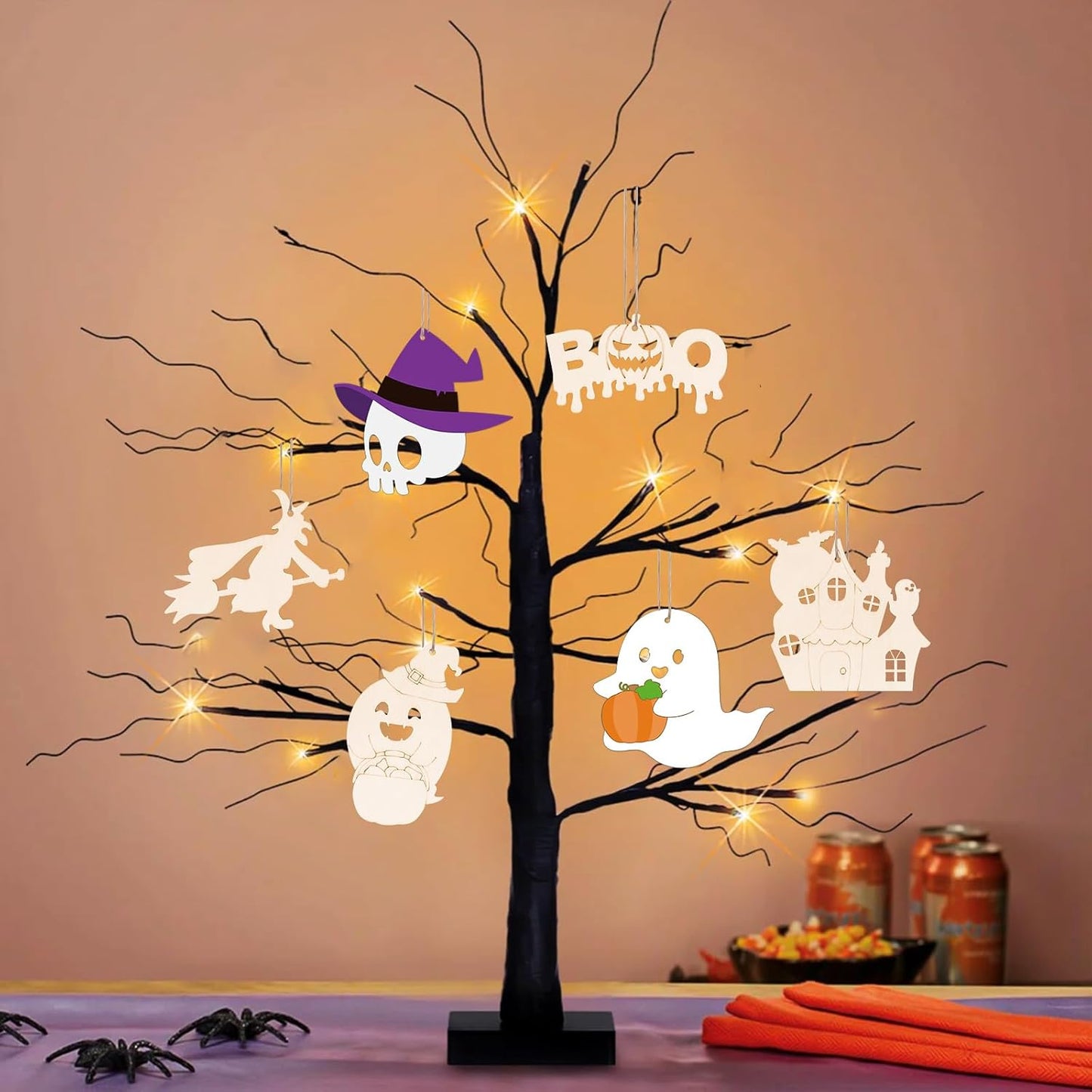 24 PCS Unfinished Wooden Halloween Crafts, Pumpkin Ghost Shaped Hanging Ornaments DIY Wood Craft Cutouts for Home Party Decor (Halloween)