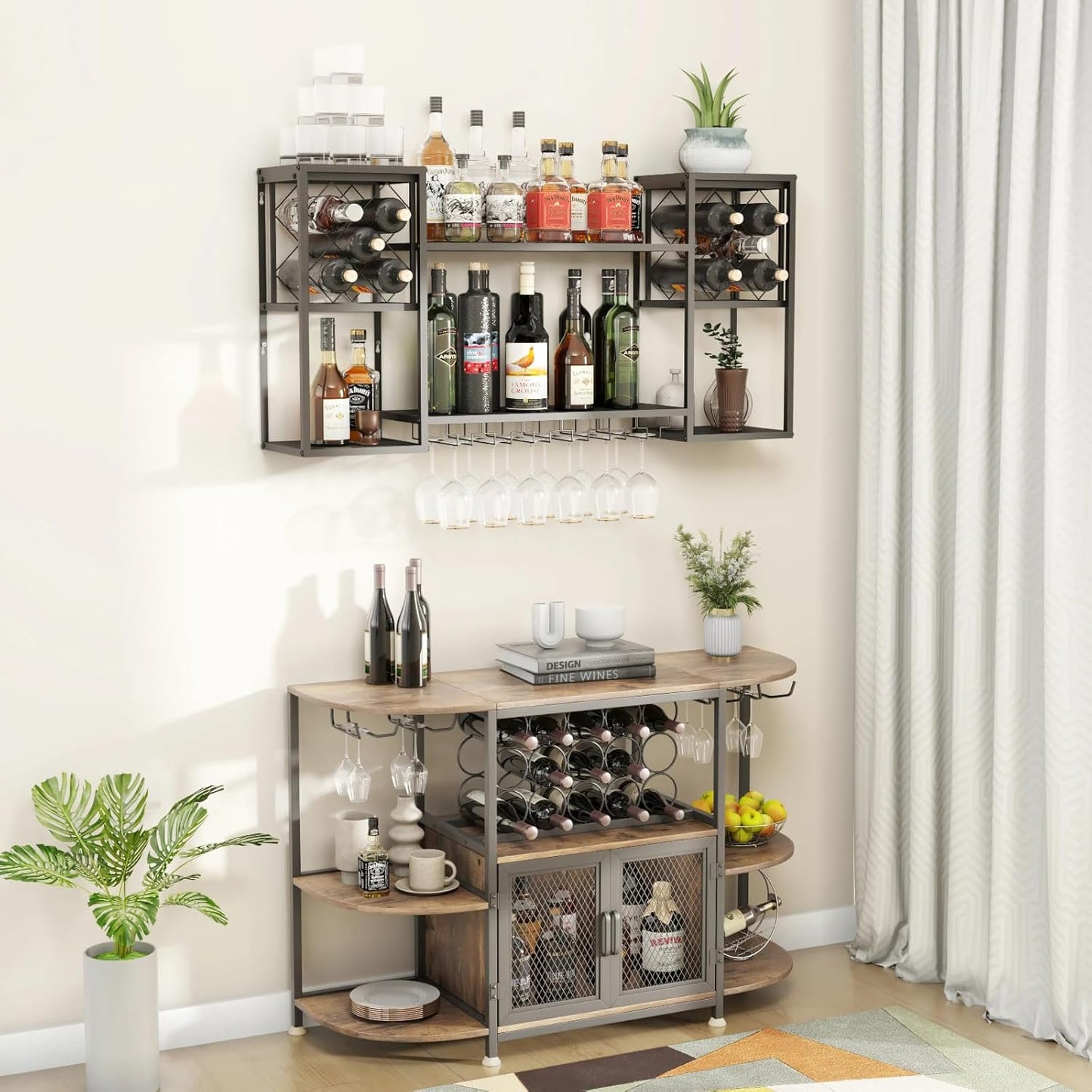 Wall Mounted Wine Rack with Glass Holder,Metal Floating Bar Liquor Shelves 2 Tier,Wine Glass Rack Multi Functional Wine Storage Display Rack for Home Bar Dining Room Kitchen