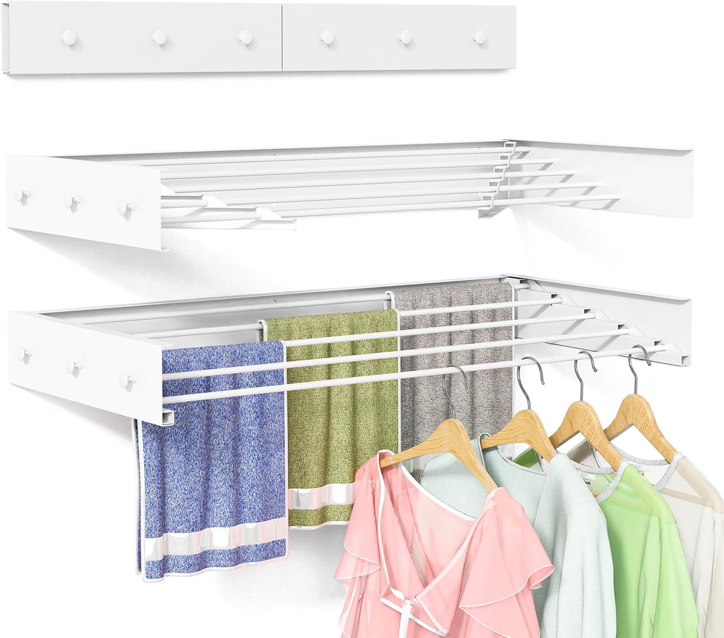Wall Mounted Drying Rack for Laundry 40'', Folding Drying Rack Clothing Wall Mount with 5 Rods and 6 Hooks, Space Saving for Indoor Outdoor Bathroom Balcony (White, 40'')