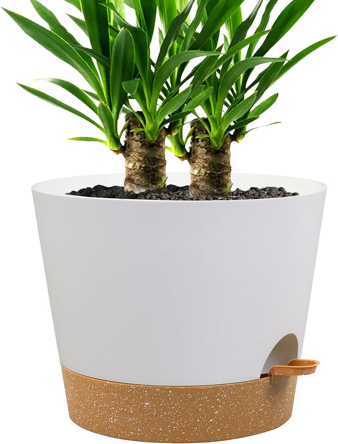 Self Watering Pots for Indoor Plants,12 inch Planters with Drainage Holes Plastic Flower Pots with Deep Reservoir, White with Brown