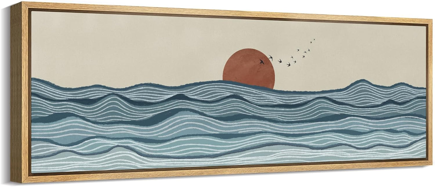MUDECOR Large Framed Canvas Print Wall Art Calm Seascape Ocean Waves and Setting Sun Illustrations Antique Retro Fine Art Illustrations Decorative Colorful for Bedroom - 60"x20"