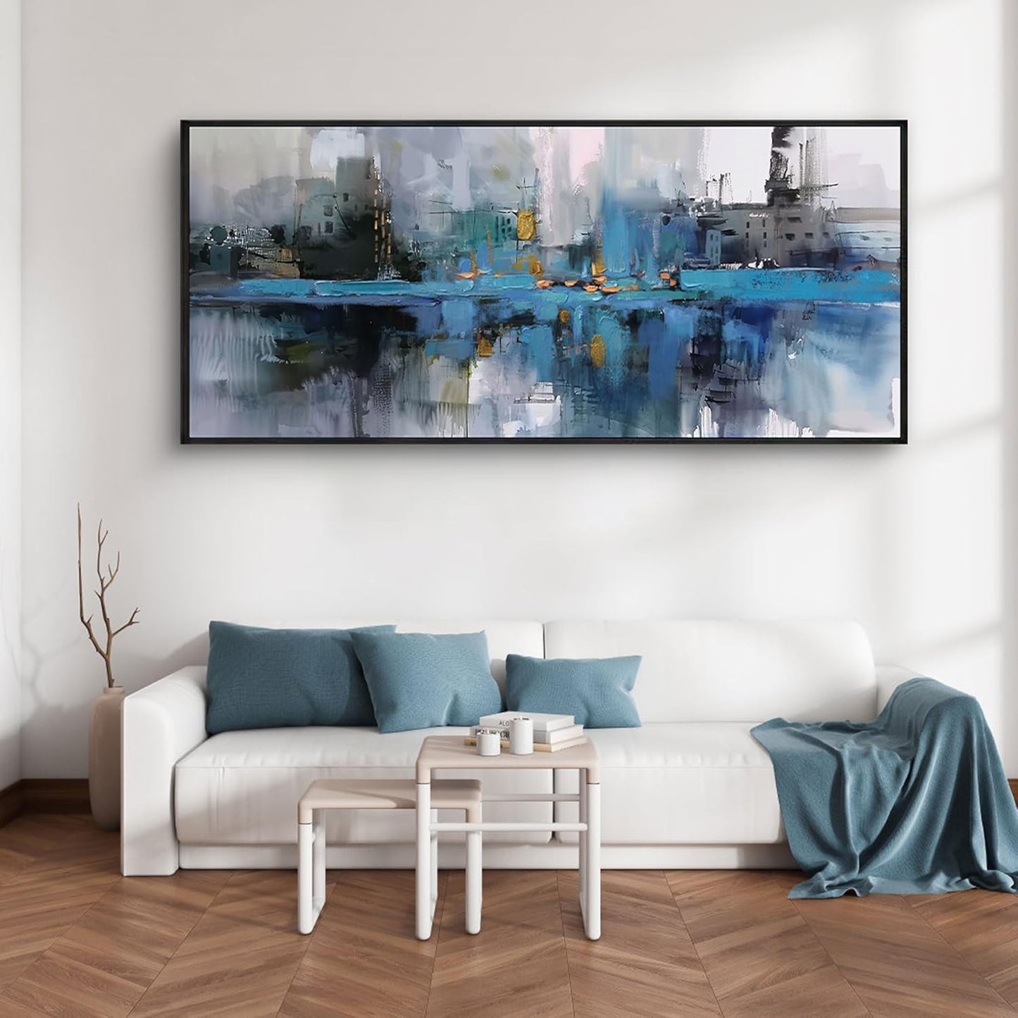 yiijeah Extra Large Canvas Frame Wall Art - Abstract Picture Large Decor for Living Room Blue and White Paintings Big Artwork for Wall Oversized Office Bedroom Home Decor