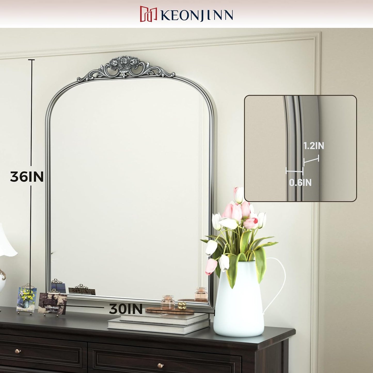 Keonjinn Vintage Mirror 30" x 36", Silver Antique Mirrors for Wall Decor, Arched Decorative Mirror for Mantle, Hallway, Living Room, Fireplace, Bedroom, Bathroom Mirror with French Cleat Mounting