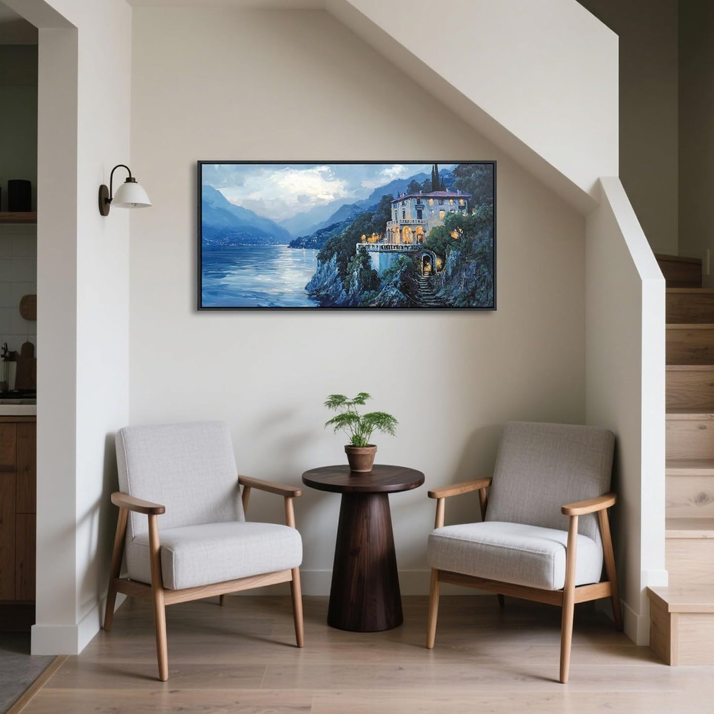 QZQCBLC Landscape Canvas Wall Art, Blue Mountains Lake Houses Green Trees Scenery Framed Paintings Artwork for Living room Bathroom Bedroom Home Office Wall Pictures Decor 20x40 IN