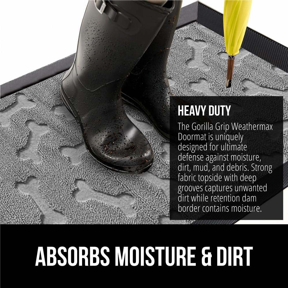 GORILLA GRIP 100% Waterproof All-Season WeatherMax Doormat, 47x35, US Designed Natural Rubber, Stain and Fade Resistant, Low Profile Indoor Outdoor Door Mats, Easy Clean Patio Mat, Light Gray Bones