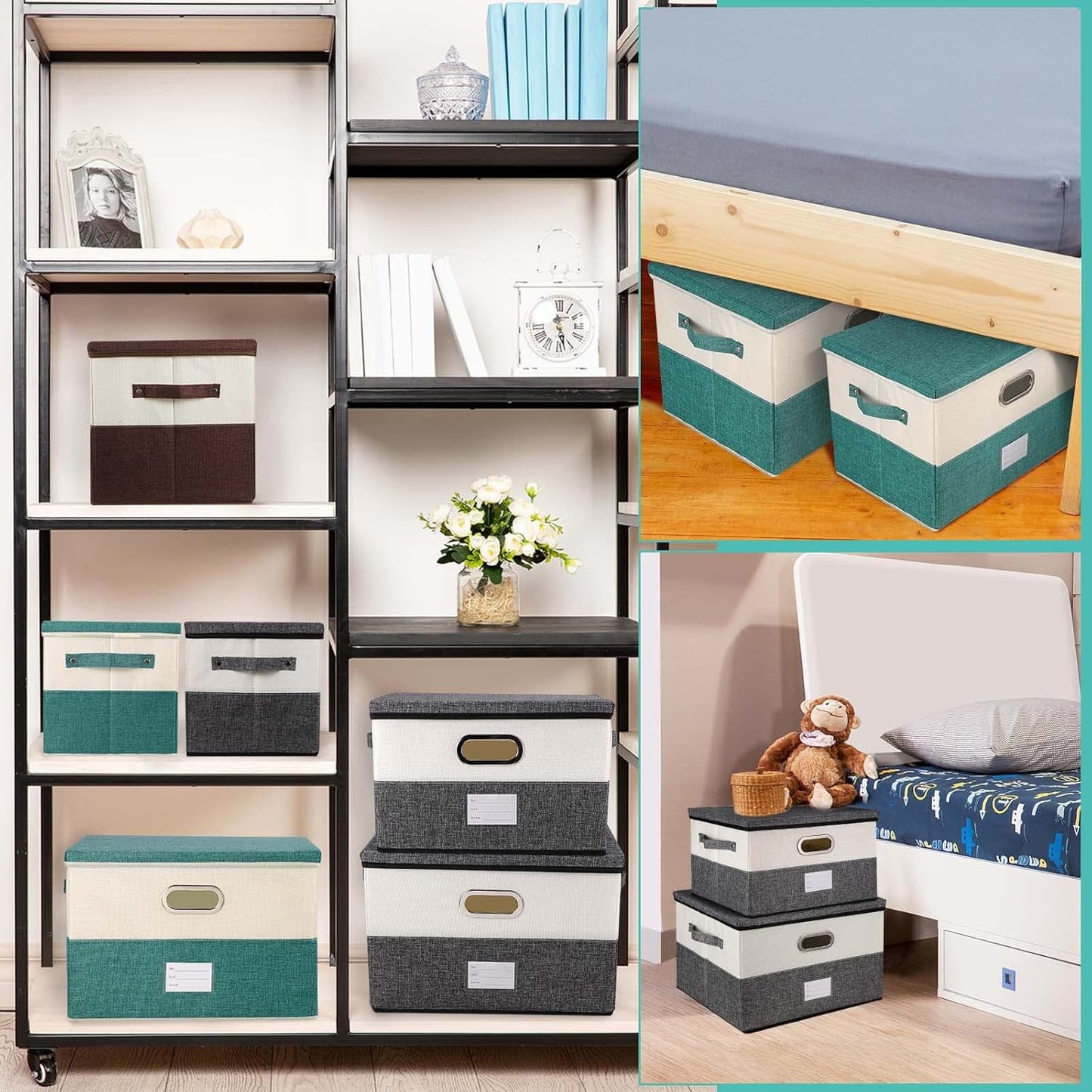 Large Linen Fabric Foldable Storage Bins with Removable Lid and Handles, Washable Storage Box Organizer Containers Baskets Cube with Cover for Bedroom,Office (Turquoise&Cream, Large(2-Pack))