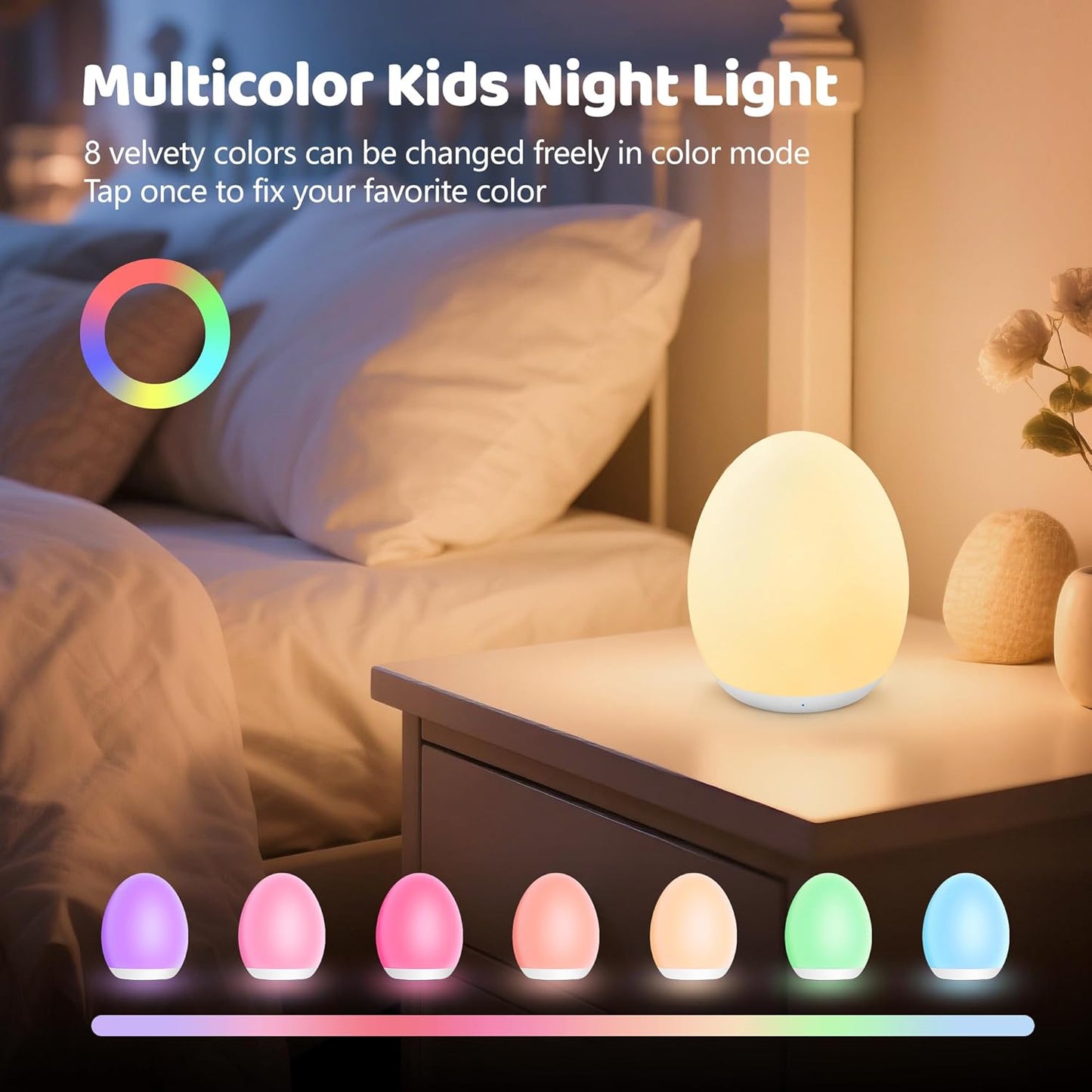 MediAcous Night Light for Kids Baby, Egg Light for Nursery, 7 Colors Changing & Stepless Dimming, Soft Silicone Touch Night Lamp with 1 Hour Timer, Rechargeable Nursery Night for Breastfeeding