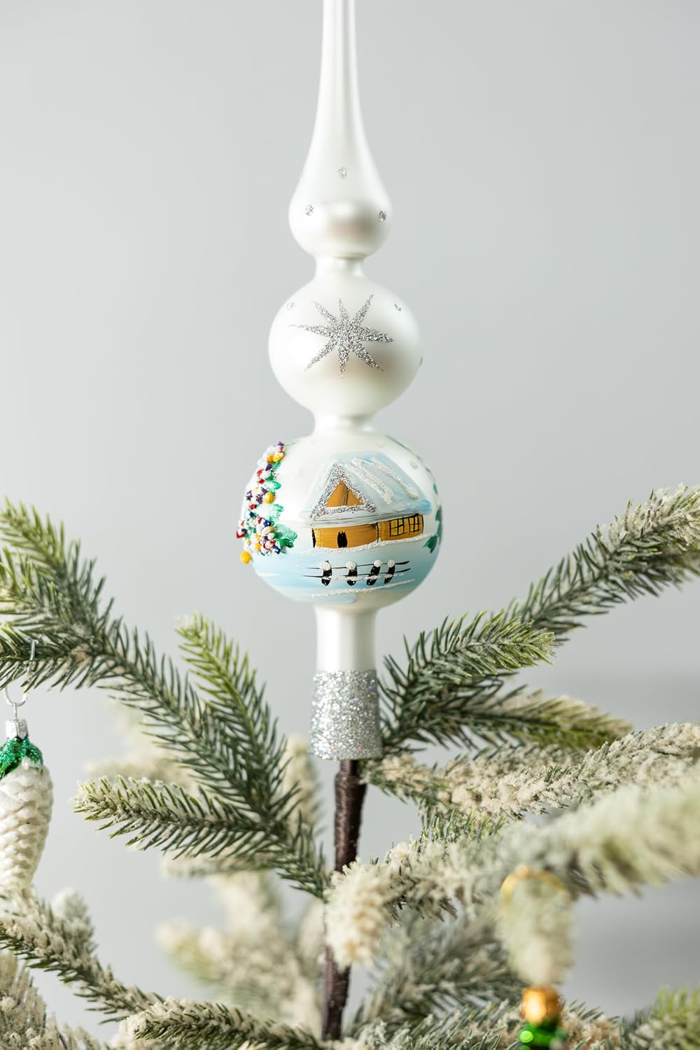 Christmas Tree Topper Spitz Glass Mouth Blown Hand-Decorated Embellishments (Silver, 12 inch)