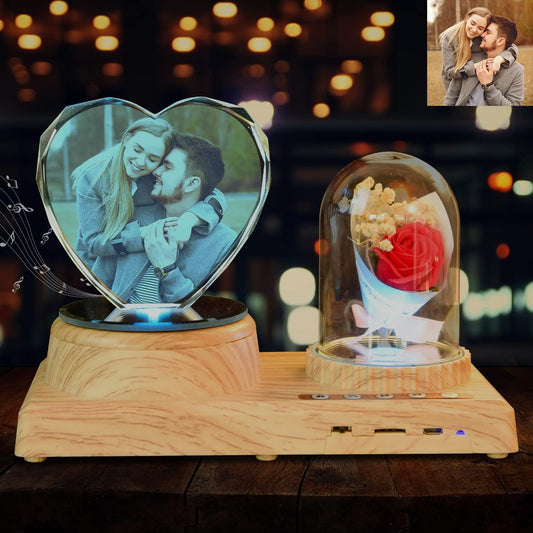 Personalized Heart Crystal Print with Your Photo, Office Desktop Decor Personalized Picture Gifts Glass Clear Frame with Bluetooth Rotary Speaker Color Led Light Changing Mood Light