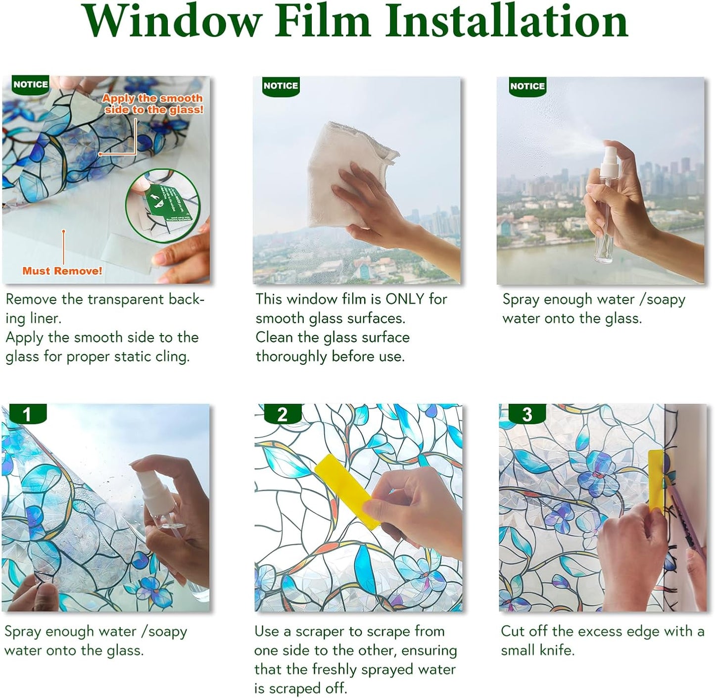 Window Privacy Film Stained Glass Decorative Static Clings Frosted Window Tint for Home Room Decor Bathroom Door Car Stickers with Glittering Effect, Removable(Blue & Green pothos Botanical)