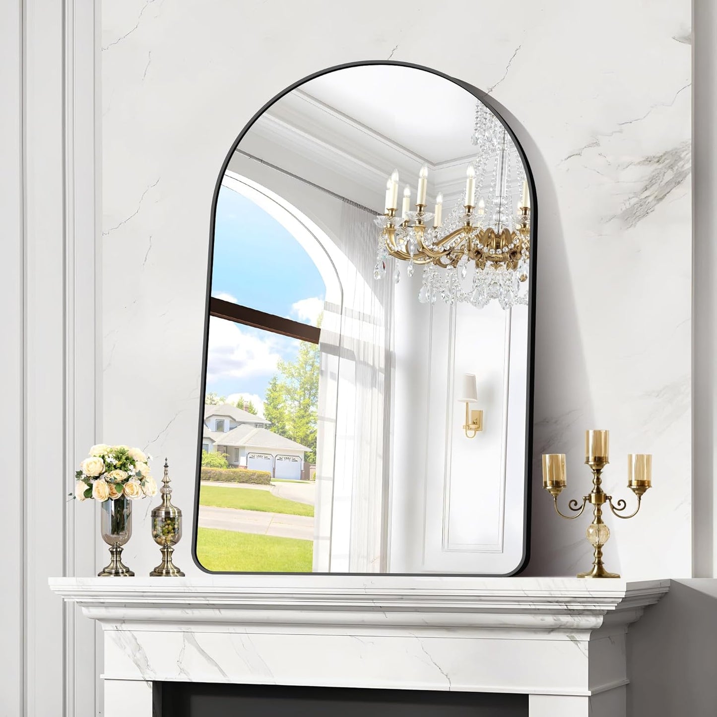 Arched Bathroom Mirror, 32"x48" Black Arched Mirror for Bathroom, Wall Mounted Mirror, Black Vanity Wall Mirror w/Metal Frame for Bedroom, Entryway, Living Room, Hanging or Leaning Against Wall