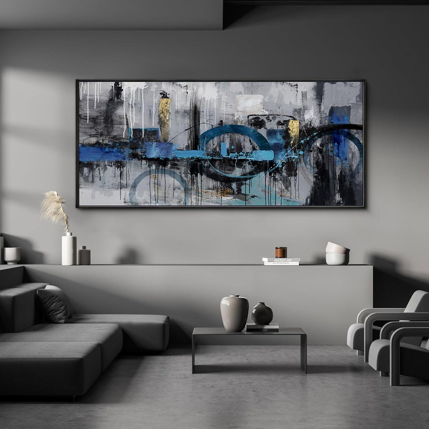 KLAKLA Large Abstract Wall Art Canvas - Blue and Gray Lnk Style Gold City Scenes Wall Decor Living Room Bedroom Decoration Black Frame Picture Artwork for Wall Modern Landscape Wall Decor
