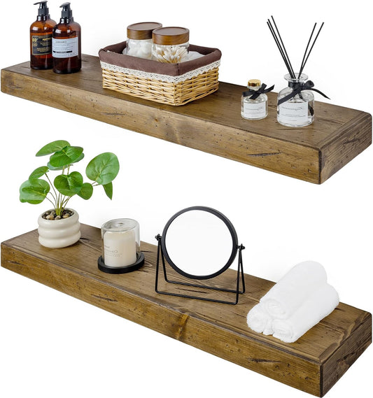 Floating Shelves 3 inch Thick for Wall Set of 2,Solid Pine Wood Wall Mount Shelf for Kitchen Living Room Bedroom Bathroom,8" D x 48" L x 3" H-Distressed Black Walnut
