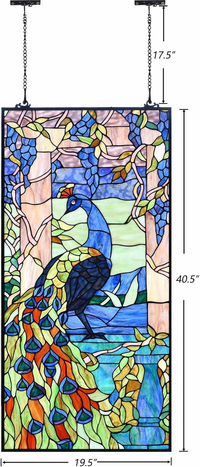 Bieye W10096 Peacock in Garden Tiffany Style Stained Glass Window Panel for Home Decor (Blue, 19.5Wx40.5H Rectangular)