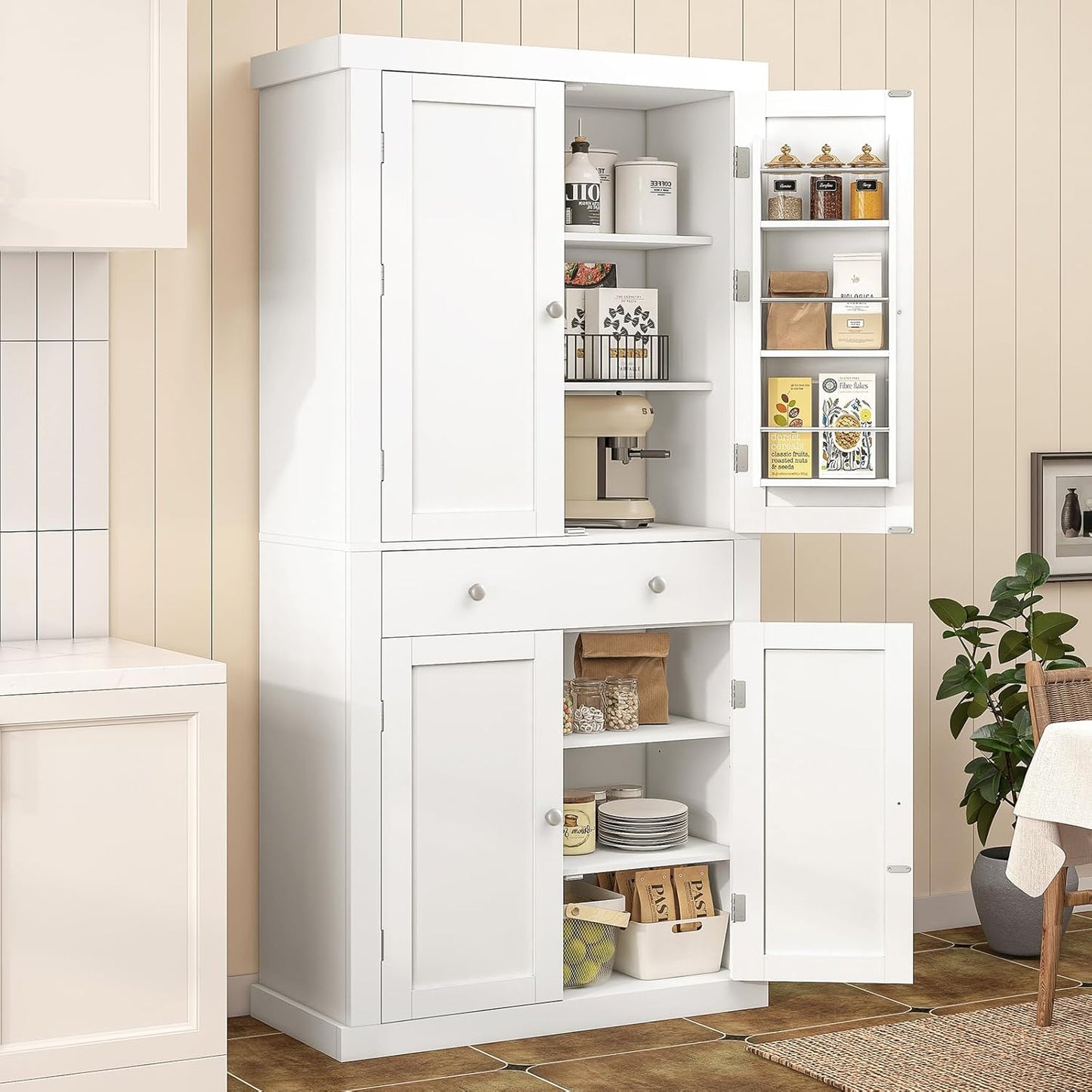 usikey 72” Pantry Cabinet, Tall Kitchen Storage Cabinet with 4 Doors and 1 Drawer, Cupboard with 6 Hanging Shelves and Adjustable Shelves for Kitchen, Dining Room, Living Room, White