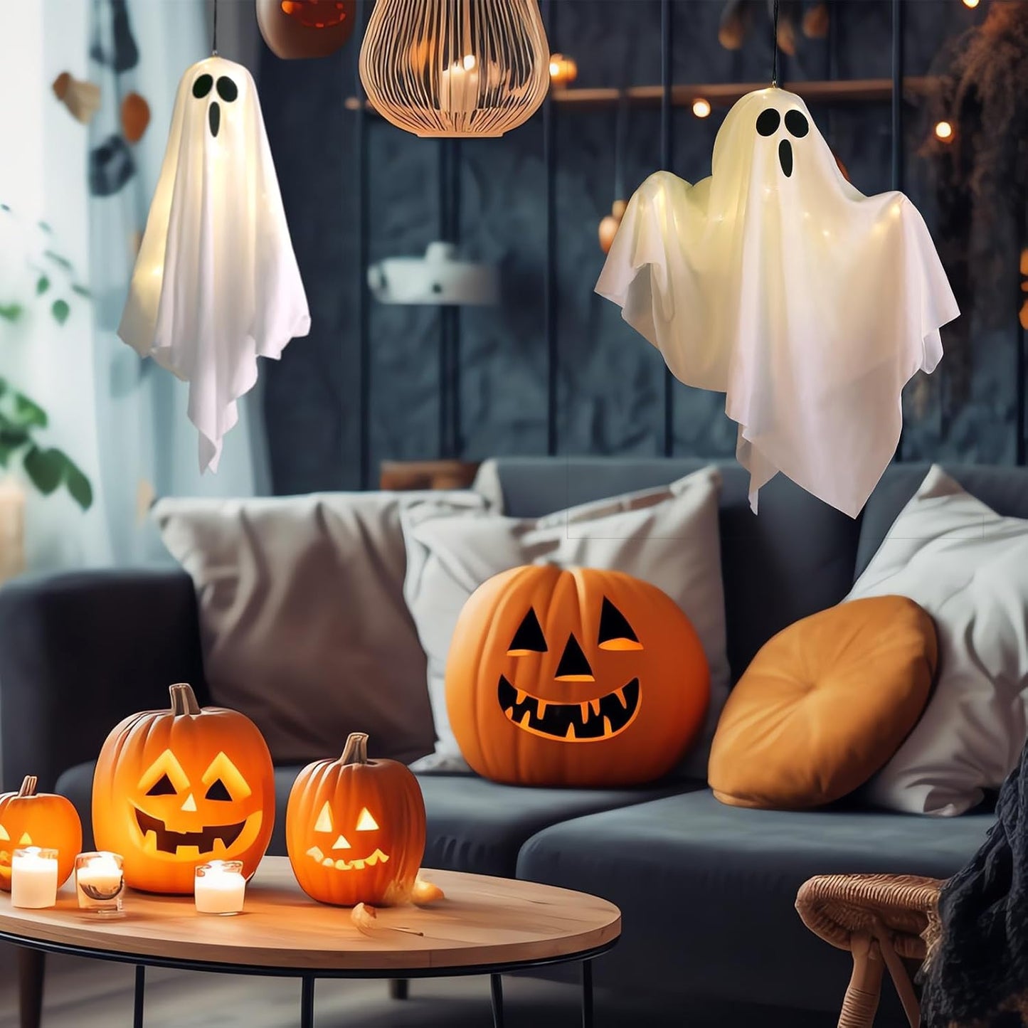 2Packs Hanging Ghosts Halloween Decor, LED Light Up Halloween Ghost Decorations, Spooky Cute Ghost Ornaments for Home Tree Garden Front Porch Yard Fall Party Holiday Decoration Outdoor 19.6", White
