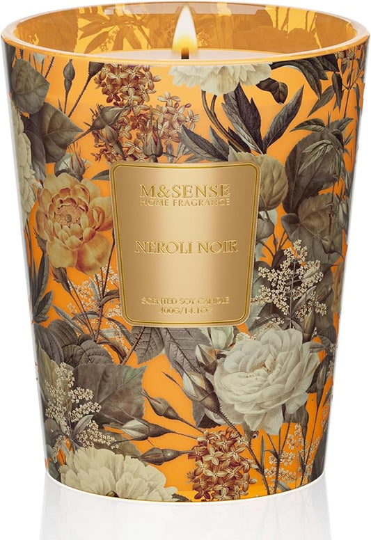 M&SENSE Neroli Noir Scented Candle, Natural Soy Candles Non Toxic 14.1oz 60H Slow Burning, Stress Relief Calm Home Fragrance Housewarming Gifts