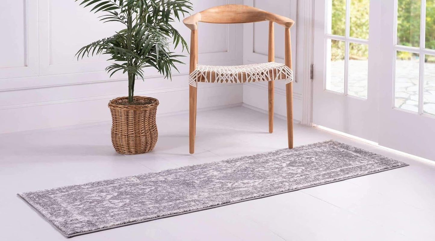 Unique Loom Rosso Collection Vintage, Traditional, Bohemian, Geometric, Distressed, Southwestern Area Rug (2' 7 x 10' 0 Runner, Gray/Ivory)