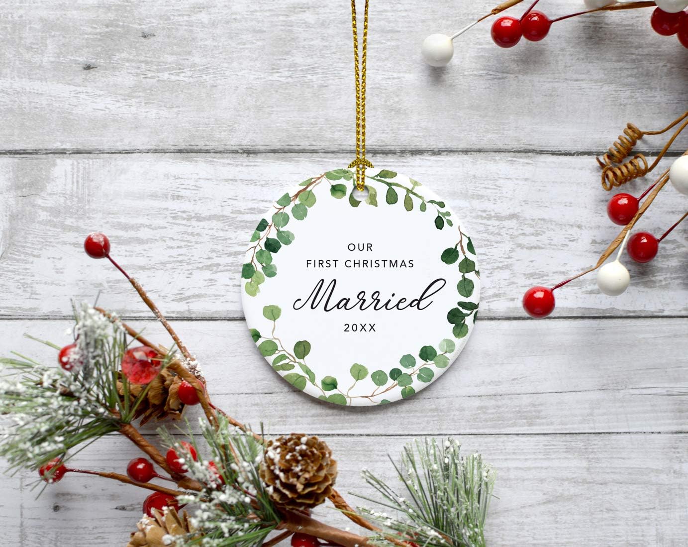 Andaz Press Custom Year Round Ceramic Porcelain Christmas Tree Ornament Keepsake Collectible Gift, Our First Christmas Married 2025, Farmhouse Eucalyptus Wreath, 1-PackCouple