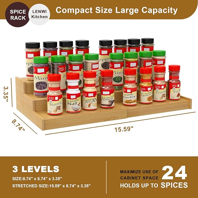 Spice Rack Organizer for Cabinet, 3 Tier Expandable Bamboo Spice Storage, Great for Kitchen Cabinet, Cupboard,Pantry and More