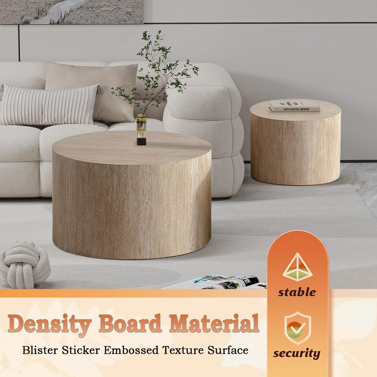 Round Nesting Coffee Table Modern Fluted Coffee Table Set of 2 Circle Drum Coffee Tables Small Round Accent Side End Table for Living Room No Assembly (Travertine 26in)