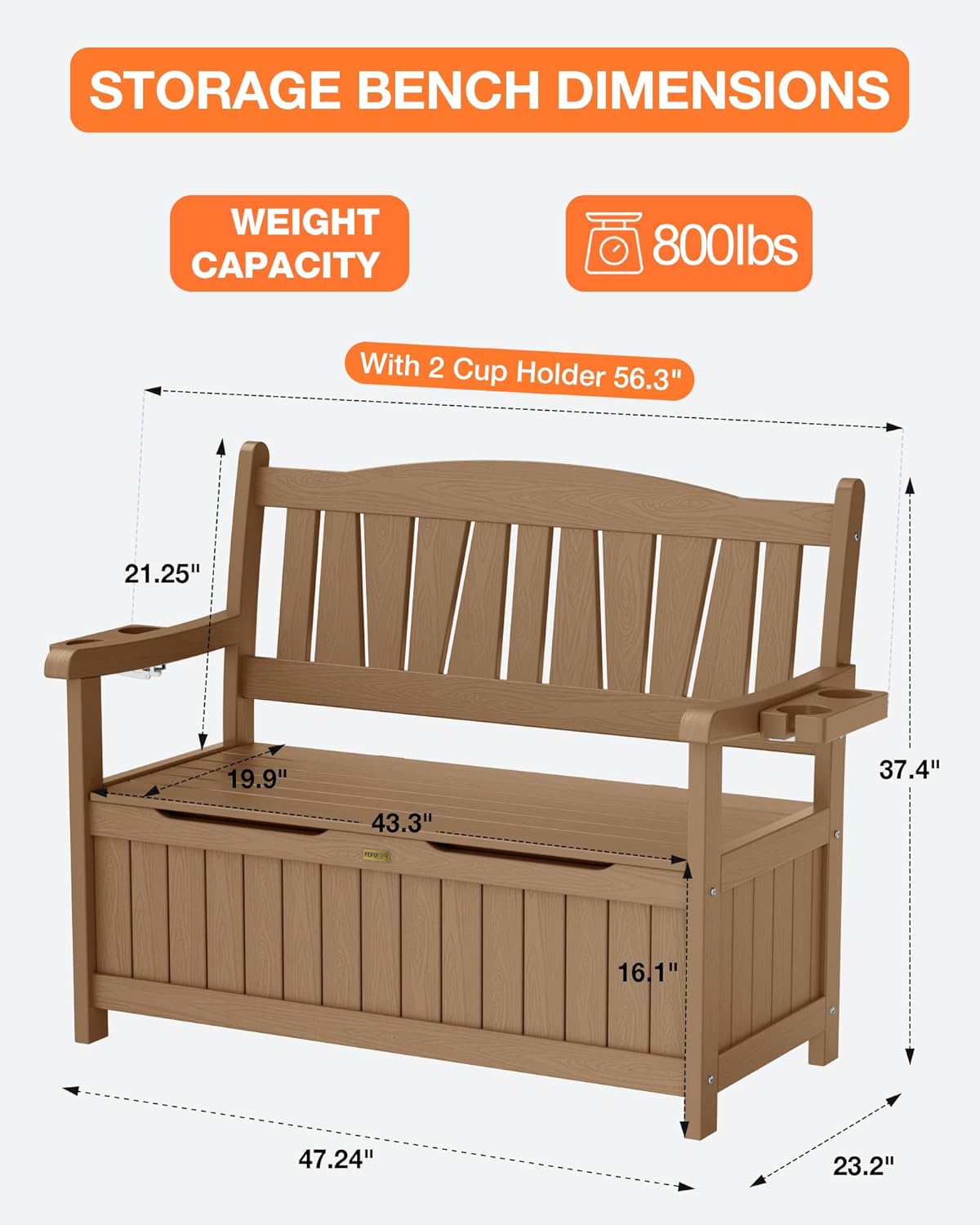 YEFU Outdoor Storage Bench for Patio: Heavy Duty Garden Bench Set of 2 with 96° High Backrest & Oversized Seating - HIPS Weatherproof Patio Bench with Storage for Porch Park Backyard, Teak