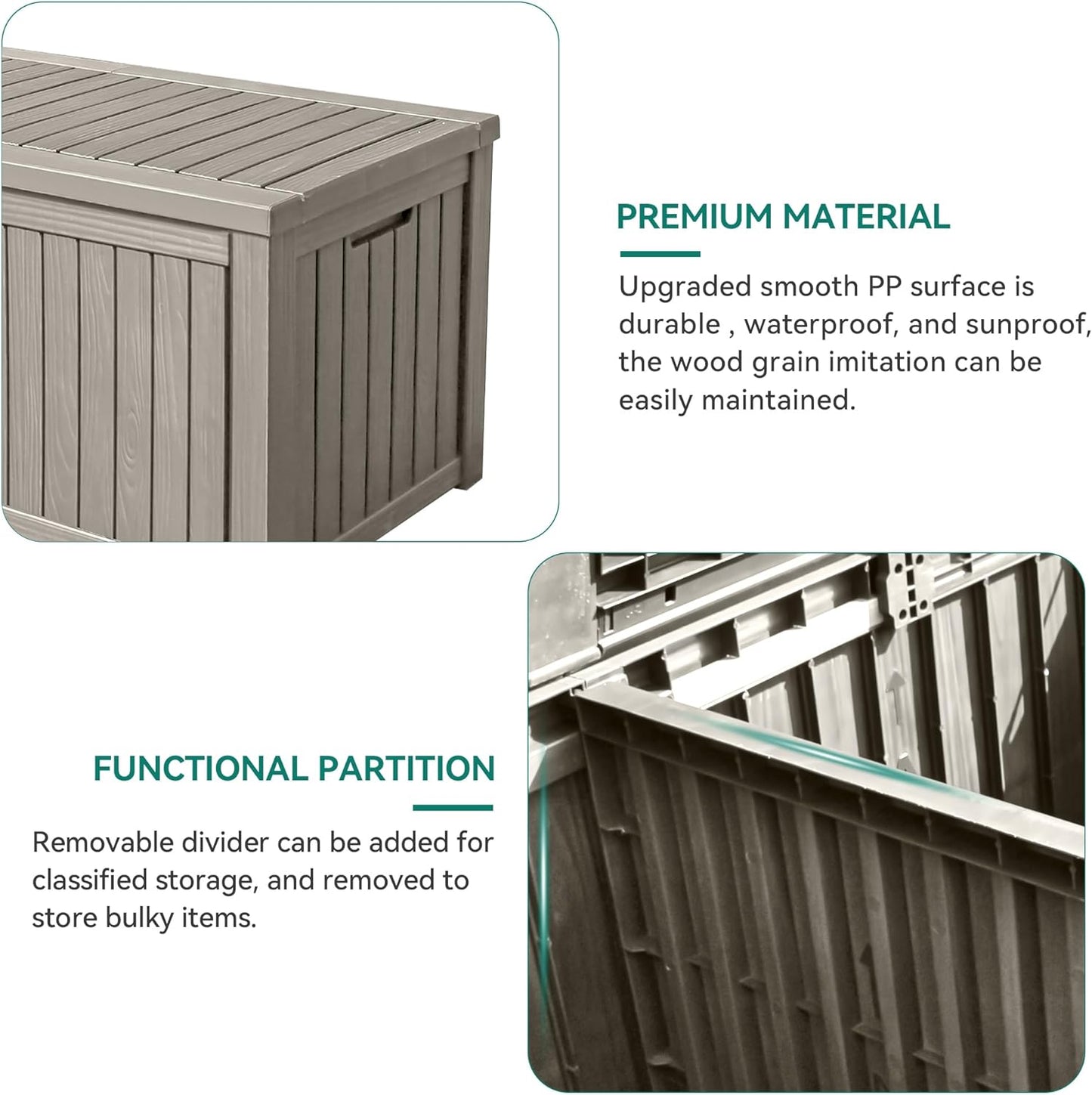 YITAHOME 150 Gallon Large Deck Box w/Divider, XL Waterproof Outdoor Storage for Patio Furniture,Outdoor Cushions, Garden Tools, Sports Equipment and Pool Supplies, Resin, Lockable, Taupe