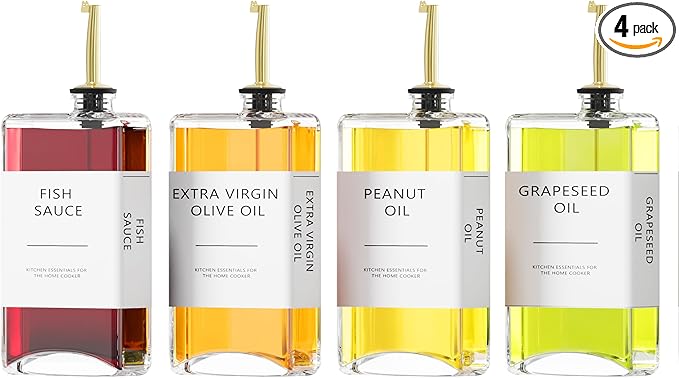 Kitchen Cooking Oil Dispenser Set, Olive Oil & Vinegar Bottles, Soy Sauce Dispenser - 4 Pieces, Gold, Elegant Book Design, Durable, Leak-Proof, Easy-Pour Spouts, Perfect for Kitchen, Dining Table