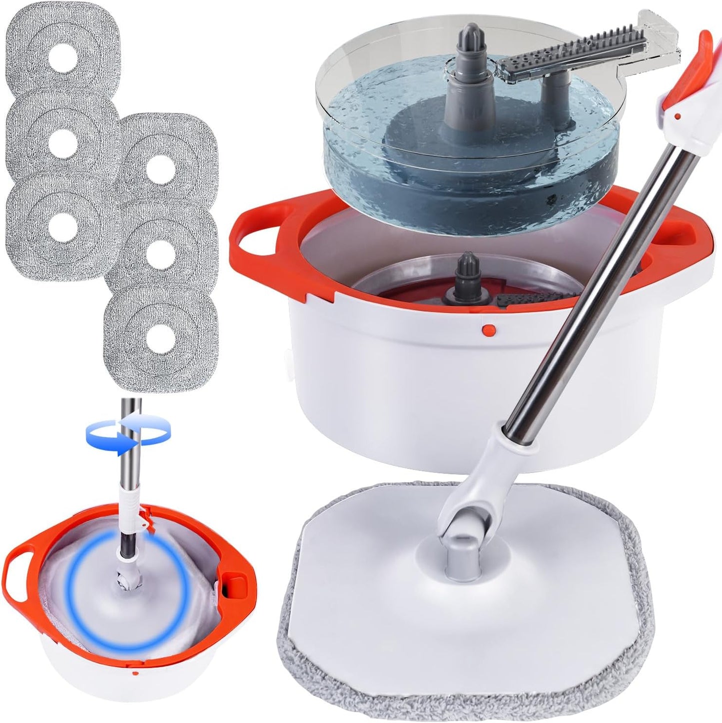 Spin Mop and Bucket Set with Separate Dirty and Clean Water,360° Spin Mop and Bucket System with Widening Foldable Handle,6 Replaceable Mop Pads,Square Mop for Floor Hardwood Wall Cleaning(White)