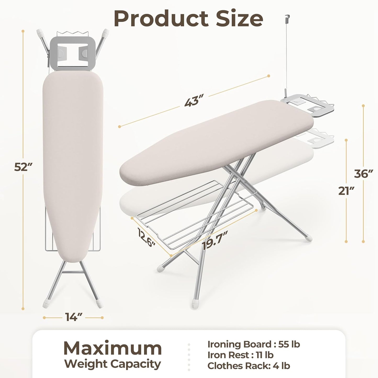 Yaheetech Ironing Board, Compact Iron Board with Cord Holder, Steam Iron Rest and Bottom Storage Tray, 9 Adjustable Heights & 3 Layer Cover, Folding Heavy Duty Ironing Board 52X14, Beige