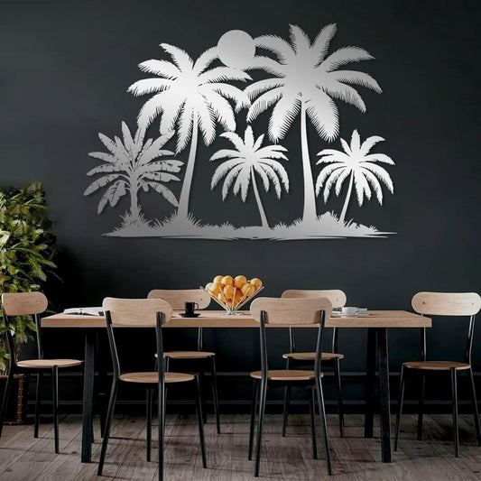 Tuglona Metal Palm Tree with Sunset Wall Decor, Tropical Palm Tree Metal Wall Art, Tropical Wall Decor, Sun Wall Art, Beach Wall Decoration, Coastal Trees Wall Hanging (Silver, 24"x16"/60x42cm)