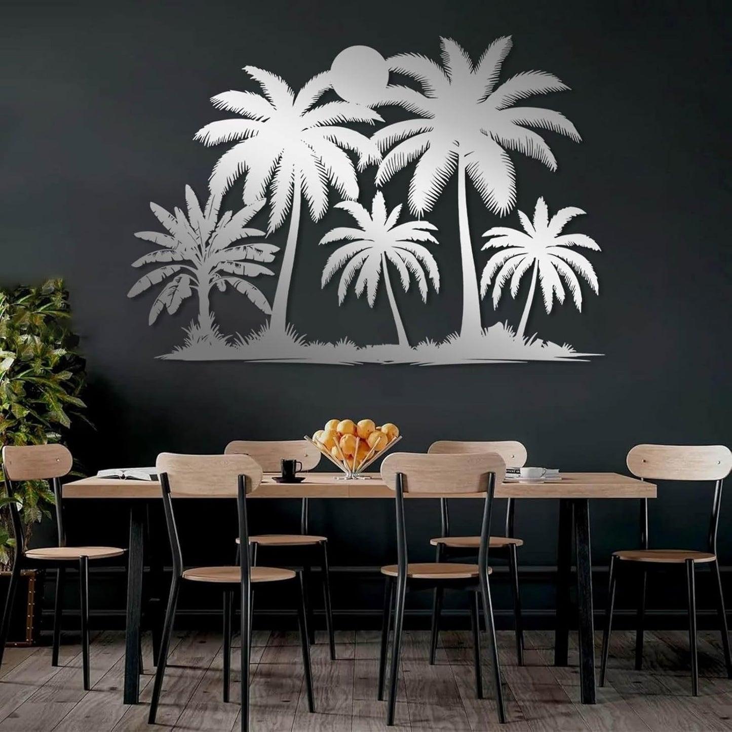 Tuglona Metal Palm Tree with Sunset Wall Decor, Tropical Palm Tree Metal Wall Art, Tropical Wall Decor, Sun Wall Art, Beach Wall Decoration, Coastal Trees Wall Hanging (Silver, 53"x37"/135x93cm)