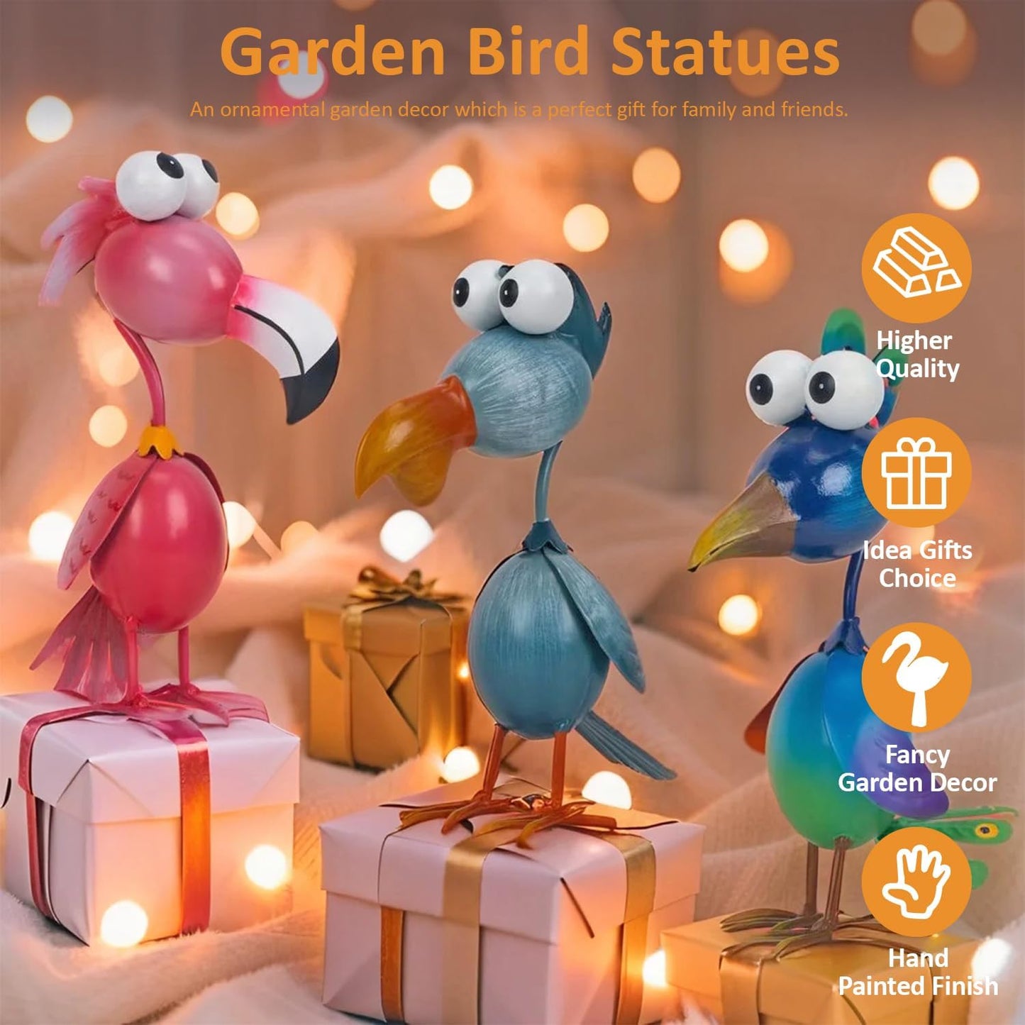 Kircust Outdoor Metal Bird Yard, Garden Decor for Outside Flamingo/Peacock/Pelican Decorations Art Statues, Lawn Ornaments for Courtyard, Patio, Backyard, Porch, Set of 3